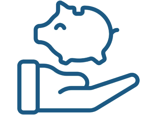 A blue and white icon of a hand holding a piggy bank.