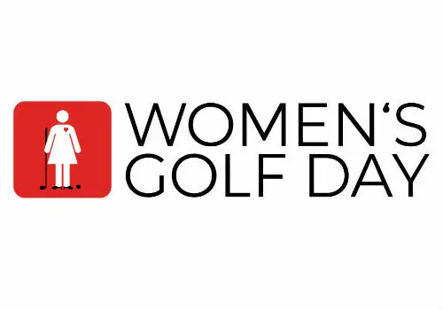 A red and white logo for women 's golf day.