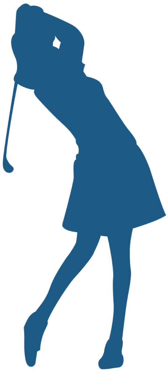 A blue silhouette of a person playing golf.