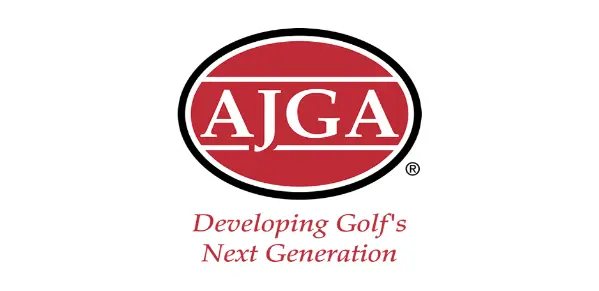 A red and white logo for the ajga.