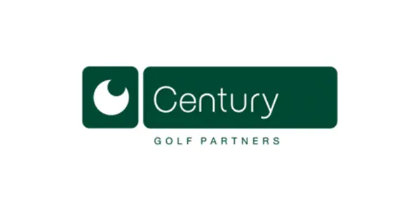 A green and white logo for century golf partners.