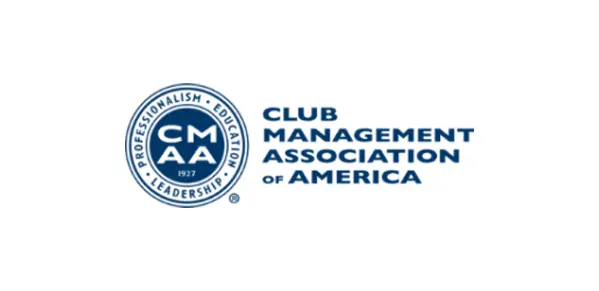 A blue and white logo for the club management association of america.