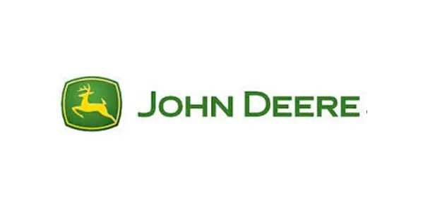A john deere logo is shown on the side of a building.