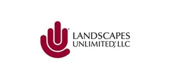 A red hand is on top of the logo for landscapes unlimited.