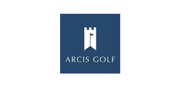 A blue square with the words arcis golf written underneath it.