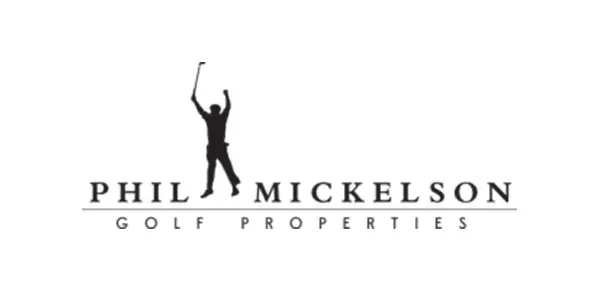 A black and white logo of the name phil mickels golf properties.