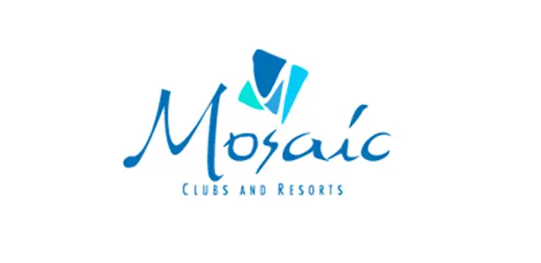 A blue and white logo for mosaic clubs and resorts.